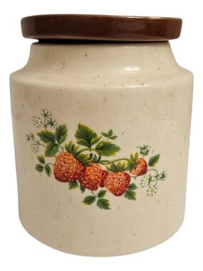vintage House of Webster speckled ceramic strawberry canister with a brown lid